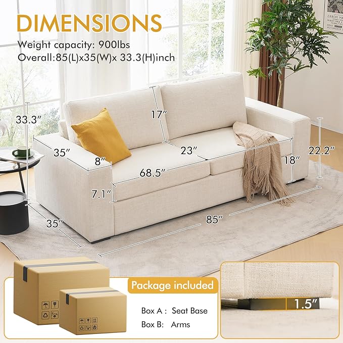 ELUCHANG 85" Modern Sofa Couches for Living Room, 3 Seater Sofa, Natural Linen Deep Seat Sofa with Upholstered Cushion&Detachable Cover, Comfy Sofa Couch for Small Space, Apartment (Beige,2PCS)