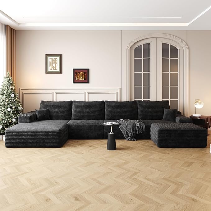 136" Sectional Couches for Living Room Cloud Couch Sofa with L-Shape Upholstered Boneless Couchs Modern Modular Sectional Couch with Chaise (Black, 136" Right Facing Chaise+3Seaters+Ottoman)