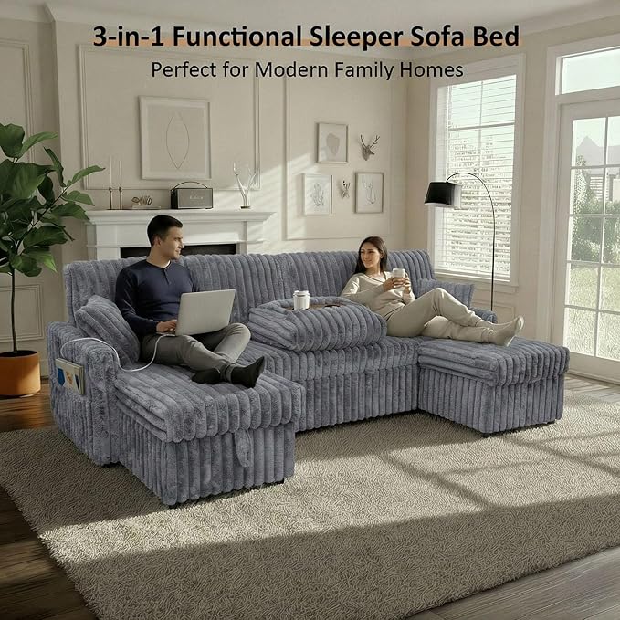 104" U Shaped Sleeper Sofa Bed, Sectional Couches for Living Room, Plush Corduroy Pull Out Couch Bed with Storage, Modular Sectional Couch with Charging Station, Cup Holder, Side Pocket, Light Grey