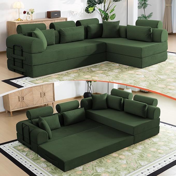 106" L-Shaped Modular Boneless Couch, 2-Piece System (2×70.87"), Convertible Sectional to 141.7" Straight Sofa, Corduroy Couch in a Box, Headrest & Back Pillows for Living Room, Forest Green