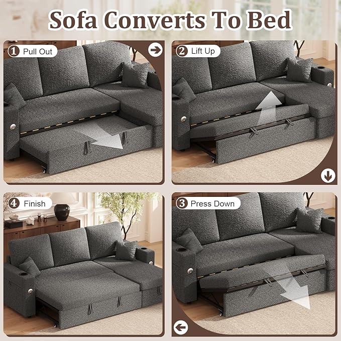 Sleeper Sofa Bed, 4-in-1 Pull Out Couch with Reversible Chaise | Dual USB & Type-C Charging | Dual Cup Holders | Layered Storage (Armrest + Chaise) for Living Room, Apartment, Home Office (Dark Gray)