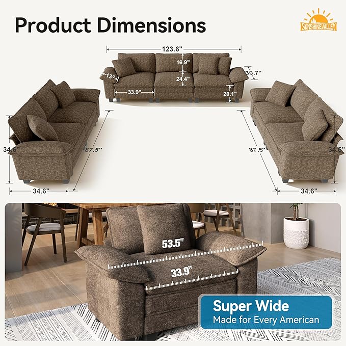 3 Piece Living Room Sofa Furniture Set, Chenille Modular 2 Loveseat and 3-Seat Couch with Pillow, 7-Seat Oversized Modern Sectional Cloud Deep Seat for Apartment, Taupe
