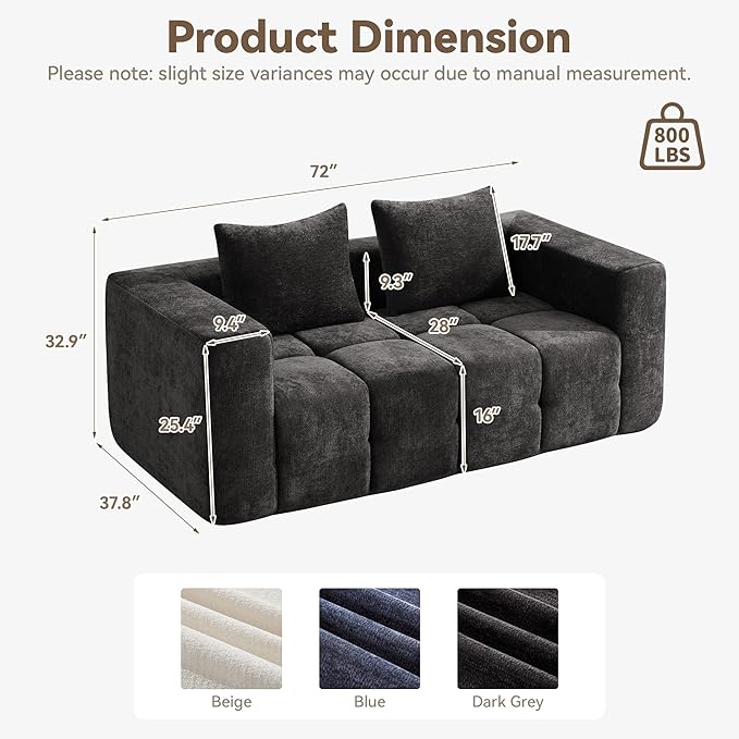72" Loveseat Boneless Couch, Cloud Sectional Couch with Deep Seat, High-Density Memory Foam and Chaise, Love Seat Sofa, Boneless Couches for Living Room, No Assembly Required Tufted Sofa, Dark Grey