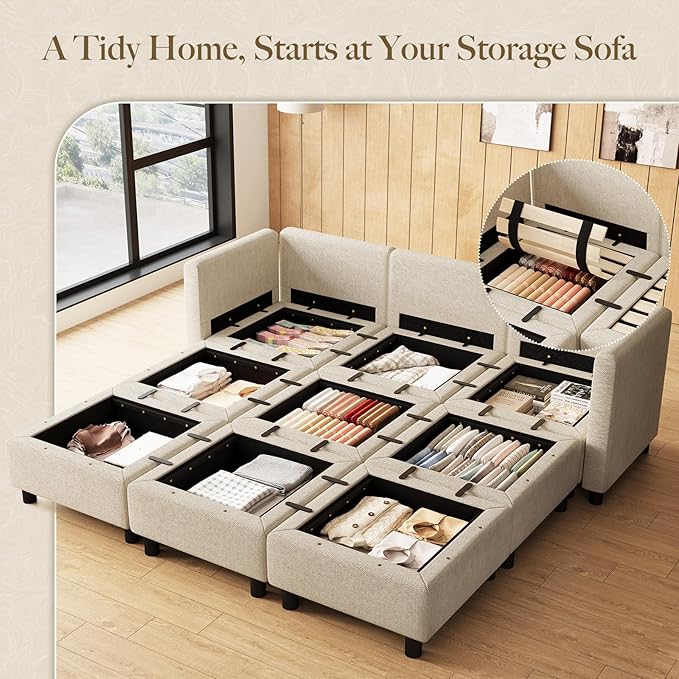 Belffin 84.3" 9 Seats Sleeper Sofa Modular Sectional Sofa Washable Sectional Couches for Living Room Comfy Couches with Storage Seat Couch Sofas with Chaise,Beige