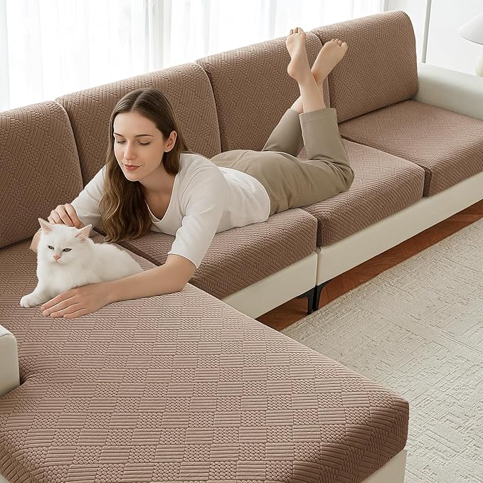Deep Dream Sectional Couch Covers 8 Pieces, Stretch Couch Cushion Covers, L Shaped Washable Sofa Covers for Left/Right Sectional Sofa (4 Backrest Cover + 3 Seater + 1 Chaise, Brown)