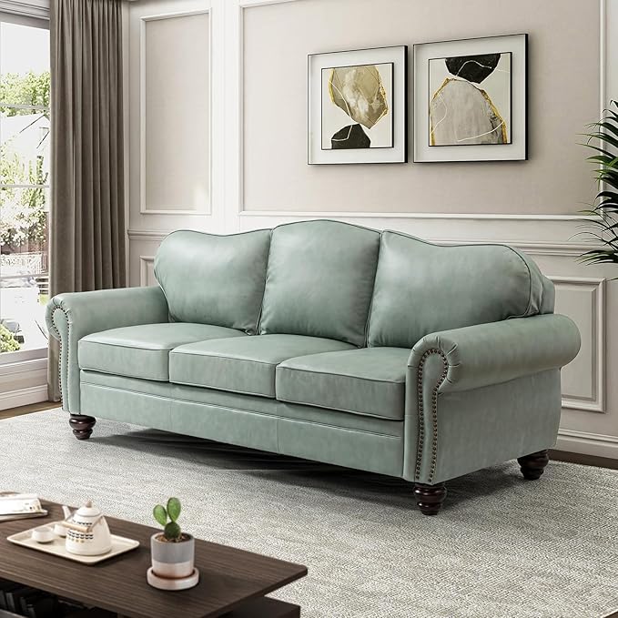HULALA Home 81'' Genuine Leather Sofa with Nailhead Trim and Rolled Armrests, Mid-Century Modern Living Room 3-Seater Couch, Sage Couch with Removable Cushion for Bedroom Apartment
