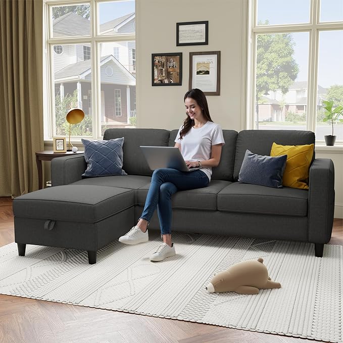 Youmumeub Sectional Sofa and Couches for Living Room - 78''L Shaped Gray Linen Couch-Pet Friendly Modular 3-Seater Convertible Sofas-Washable Covers-Suitable for The Living Room, Apartment