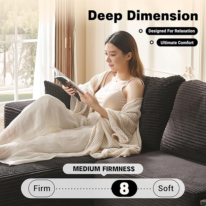 107" Boneless Couch with Deep Seat, Set of Modular Sectional Sofa, Cloud Sectional Couch for Living Room, No Assembly Required, Corduroy, U-Shape 3 Seater Left, Black