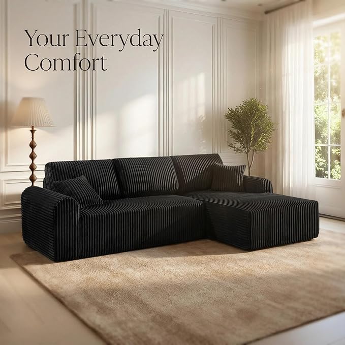 109“L-Shaped Sectional Sofa Boneless Couch Upholstery Cloud Modular Couch with Chaise No Assembly Required Corduroy Fabric Combination Deep Seat Living Room Bedroom(Black, Right Hand Facing)