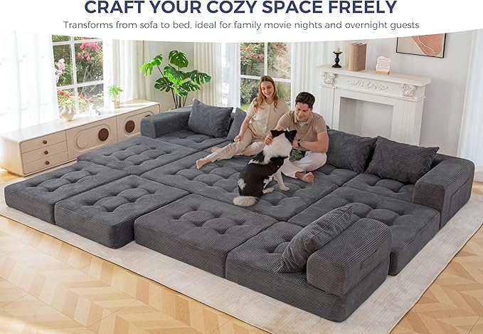 MAXYOYO Modular Sectional Sofa Couch, Foldable U Shaped Cloud Couch with Pillows, Tufted 7-Seat Boneless Sleeper Lounger Floor Sofa Bed for Living Room, No Assembly Required, Dark Grey
