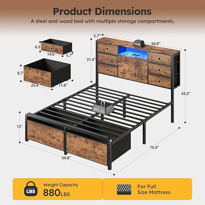 Homkdom Full Size Bed Frame with 8 Fabric Storage Drawers, LED Lights & Charging Station, Metal Platform Bed Frame with Headboard Storage,No-Noise,Easy Assembly,Modern Brown