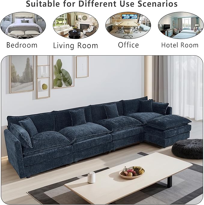 Setawix Deep 4 Seater Couch with Ottoman,147.22" L-Shaped Cloud Couches for Living Room,Chenille Cloud Sofa Couch with Deep Seat,Modular Sectional L Shape 4 Seat Sofa for Bedroom (Blue, 4+1)