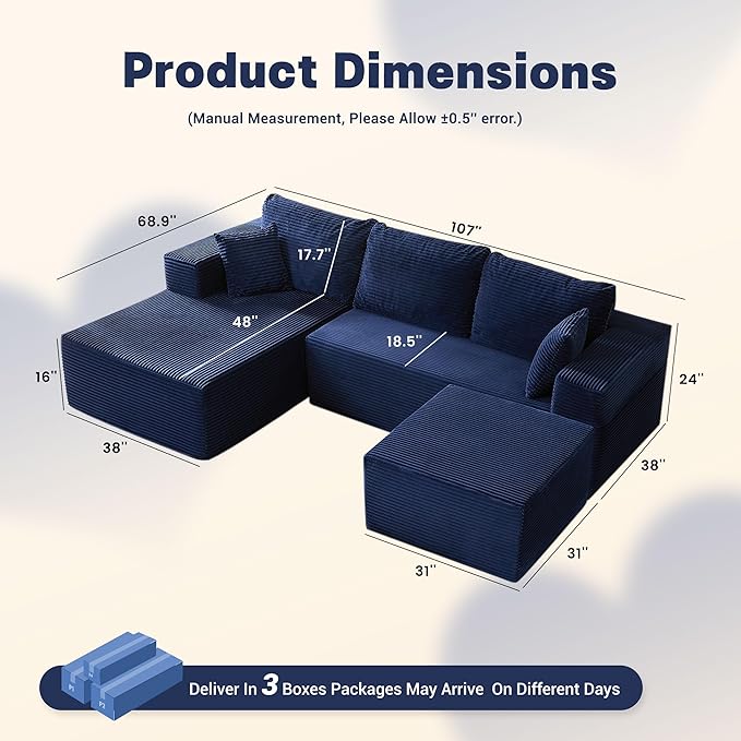 107" Boneless Couch with Deep Seat, Set of Modular Sectional Sofa, Cloud Sectional Couch for Living Room, No Assembly Required, Corduroy, U-Shape 3 Seater Left, Blue