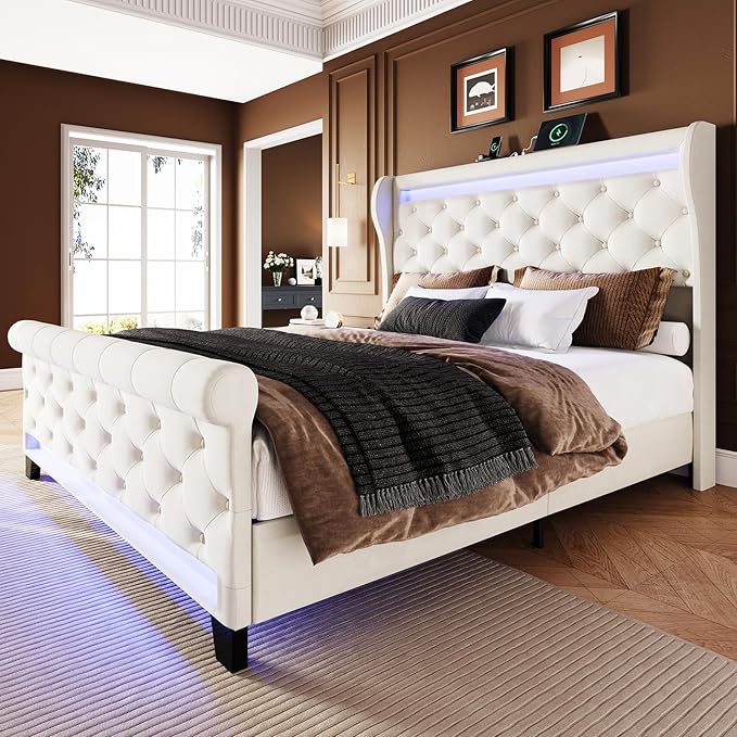 Belffin Queen Size Bed Frame with Headboard,50" Tall Headboard Upholstered Velvet Platform Bed with LED Lights & 2 USB Port/1 Type C Port, Button Tufted,No Box Spring Needed, Noise Free,Beige