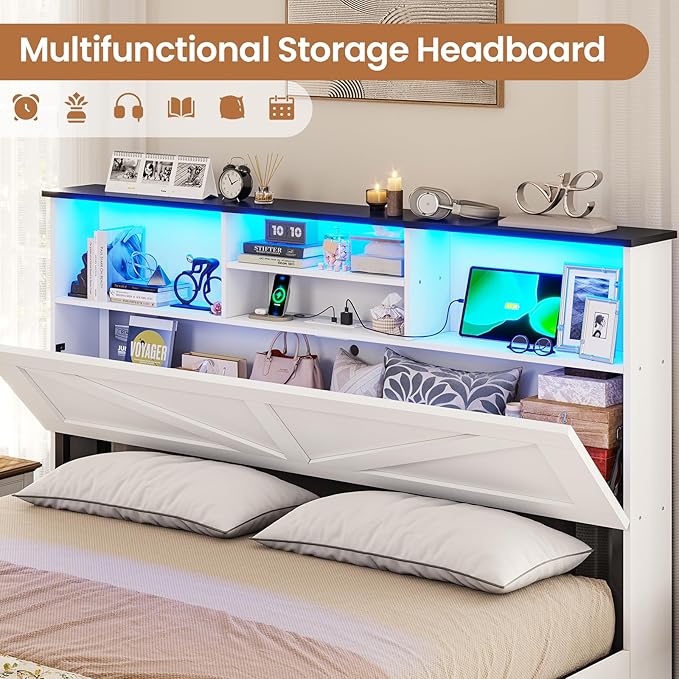 VIAGDO Farmhouse Bed Frame Full Size with Bookcase Storage Headboard, Charging Station and LED Lights, Wooden Full Bed Frame with 4 Drawers, Barn Door Design, No Box Spring Needed, No Noise, White
