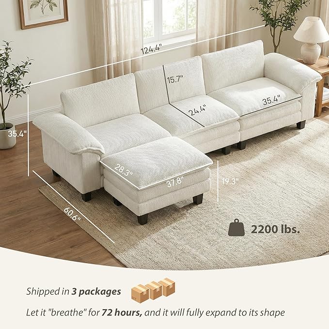 HOMCOM Modular Sectional Sofa Couch 124" Oversized L Shape Sectional Cloud Couch with Deep Seat, Movable Ottoman and Pillow-top Armrests for Living Room, Bedroom and Apartment, Beige | Deep seat