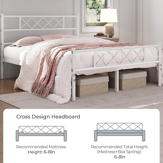 Yaheetech Queen Metal Platform Bed Frame Mattress Foundation with Headboard and Footboard No Box Spring Needed Under Bed Storage Steel Slats,White