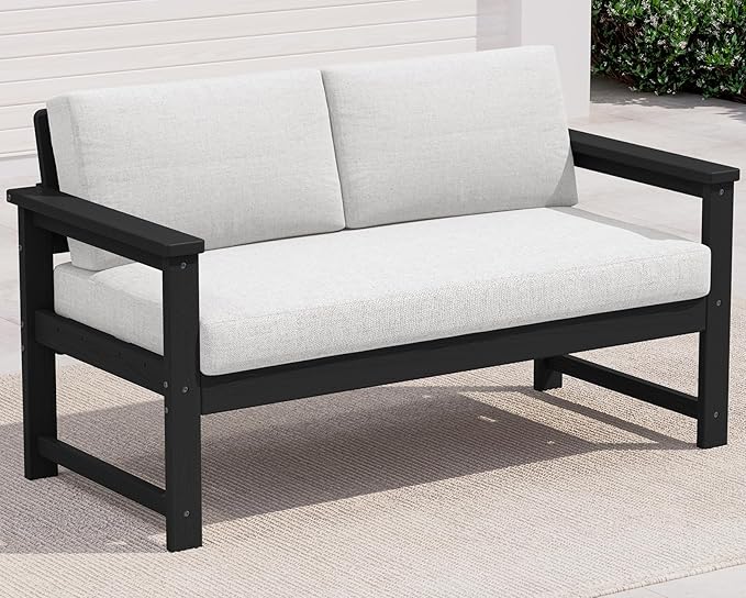 SERWALL Black HDPE Outdoor Loveseat with Khaki Cushions, All Weather Use Outdoor Loveseat Sofa, Black Frame with Khaki Cushions