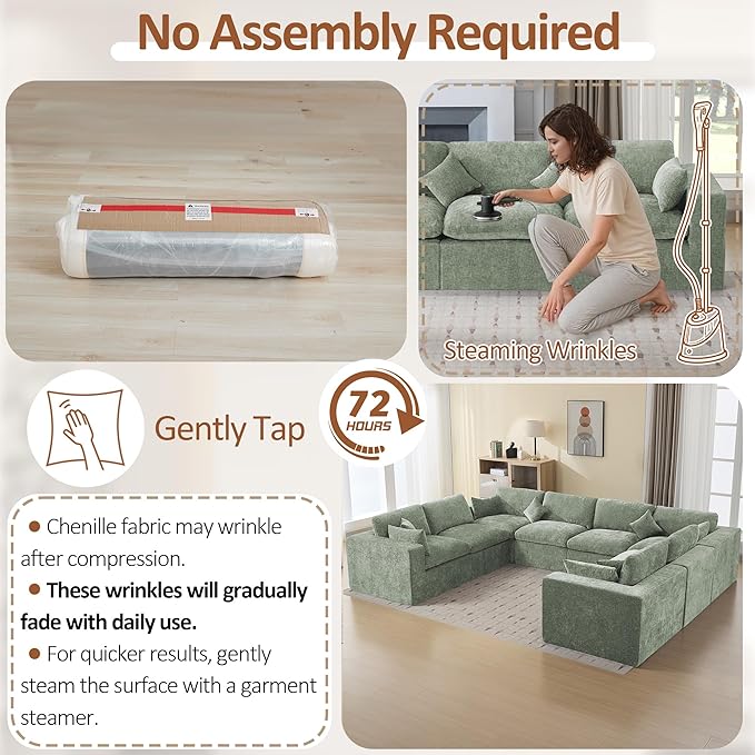 155''Cloud Boneless Sectional Couch, Modular Sectional Sofa Deep Seat, Oversized Upholstered Convertible Comfy 8 Seater Chenille Memory Foam Sofa U Shape Couches for Living Room, Green