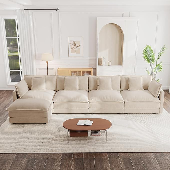 mikibama Modular Sectional Sofa, 146.5 Inch L Shaped Couch Set for Living Room, 4-Seater Comfy Cloud Couches with Movable Ottoman, DIY Combination, Chenille, Light Coffee