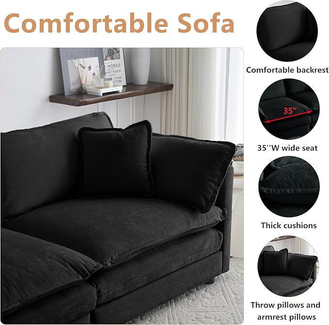 mikibama Modular Sectional Sofa, 111.5 Inch U Shaped Couch Set for Living Room, 3-Seater Comfy Cloud Couches with Movable Ottoman, DIY Combination, Chenille, Black