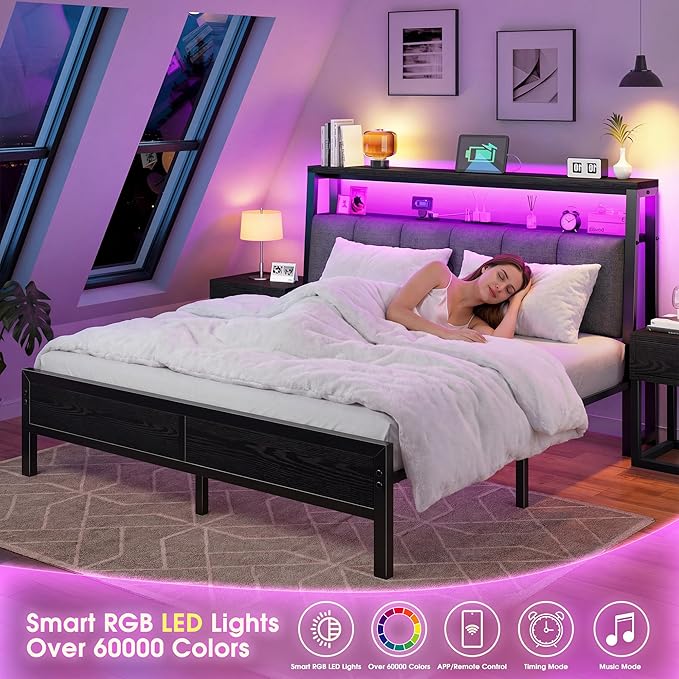 Homkdom Full Size Bed Frame Smart RGB LED Lights, Grey Upholstered Headboard with Charging Station Type C&2-Tier Storage Shelves,12" Under-Bed Storage, Noise-Free,Easy Assembly,Black