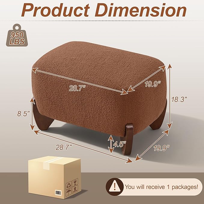 28.7" Sherpa Boucle Ottoman with Solid Wood Legs, Modern Upholstered Footstool, Comfy Ottoman for Living Room, Bedroom, Caramel