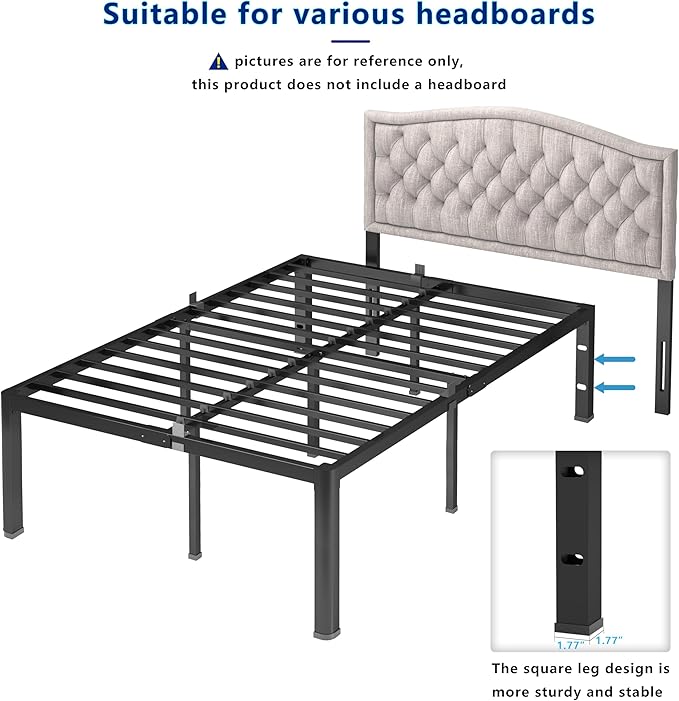yookare 18 Inch Full Metal Platform Bed Frame with Round Corner and Mattress Retainers, 3500lbs Heavy Duty Steel Slats Support, No Box Spring Needed, Easy Assembly, Noise Free