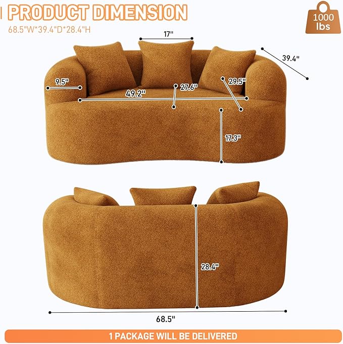 69" Curved Loveseat Sofa for Living Room, Modern Chenille Love Seat Cloud Couch, Luxury Plush Extra Deep Oversized Sofa for Small Spaces, Bedroom, Apartment‌, No Assembly Required, Orange