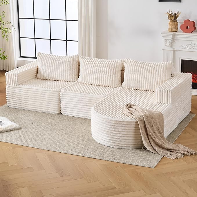 103”Boneless Couches for Living Room, L-Shaped Modular Sectional Sofa with Chaise, Modern Corduroy Cloud Couch with Deep Seat, Comfy Sponge Compression Convertible Sofas