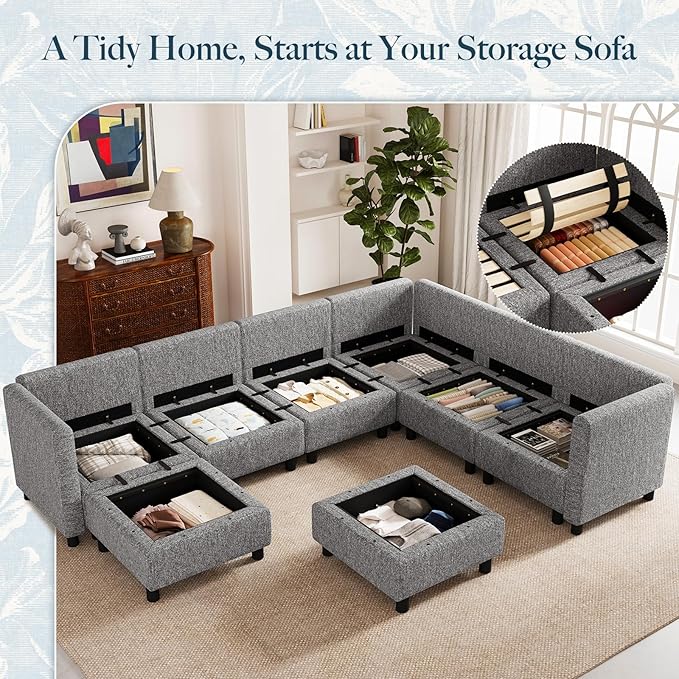 Belffin 107.1" 8 Seats U Shaped Couch Modular Sectional Sofa Seat Couch with Storage Comfy Washable Sectional Couches for Living Room Sofas Set with Chaise,Grey