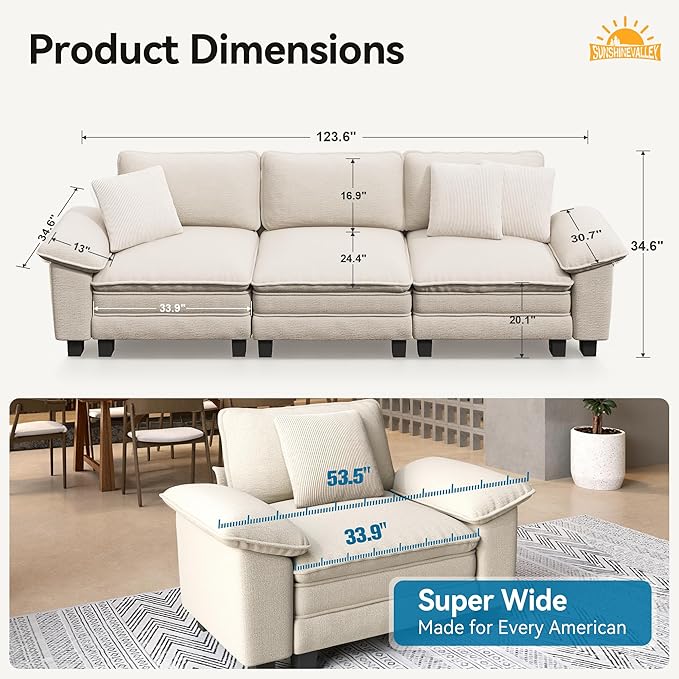 3 Seat Modular Sofa, 123.6'' Oversized Modern Chenille Sectional Couch with Wider Armrest and Pillow, Upholstered Cloud Deep Seat Sofa for Living Room, Beige