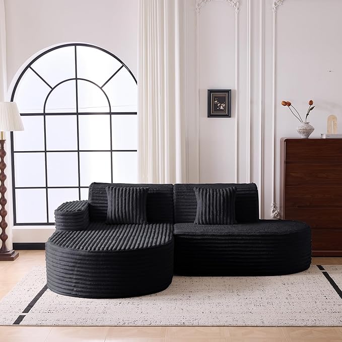 Modern Curved Boneless Sofa Couch, L-Shaped Corner Sofa, Corduroy Upholstered Cloud Sectional Couch for Living Room, Bedroom and Apartment,No Assembly Needed(Black, Left Hand Facing)