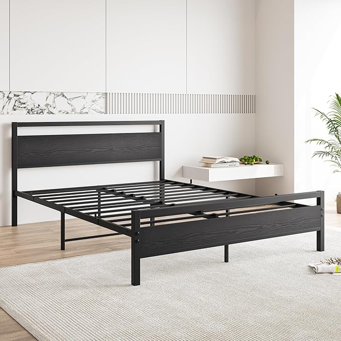 BOFENG Black Queen Size Bed Frames with Wood Headboard,Heavy Duty Metal Platform Bed Frame with Storage No Box Spring Needed,Strong Steel Slats Support,Noise Free