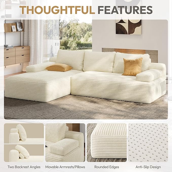 Yaheetech 110" Modular Sectional Sofa Corduroy Boneless Couch with Chaise L-Shape Cloud Couch with Detachable Pillows No Assembly Sofa for Living Room, Beige