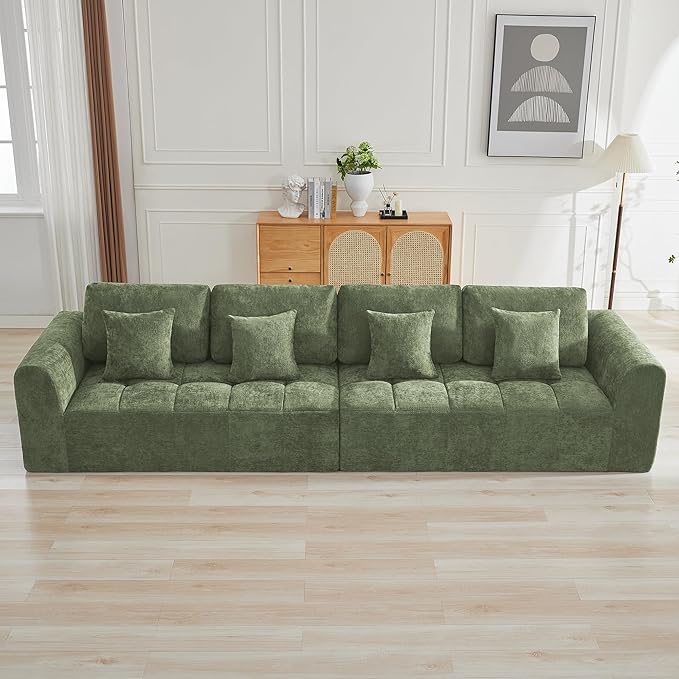 140''Modular Sectional Couches for Living Room, Cloud Boneless Compressed Sectional Sofa, Oversized 4 Seater Upholstered Memory Foam Sofa, No Assembly, Chenille Green