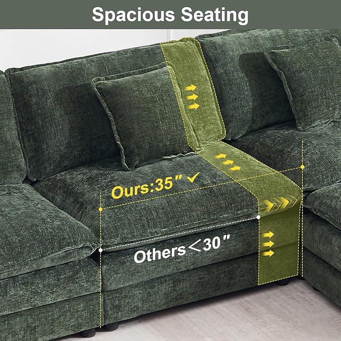 Modular Sectional Sofa with Ottoman, 76.7" Modern L Shaped Sectionals Cloud Couch, Comfy Couch Loveseat, 3 Seat Chenille Deep Seat Sofa with Pillow for Living Room,Bedroom Apartment,Small Spaces-Green