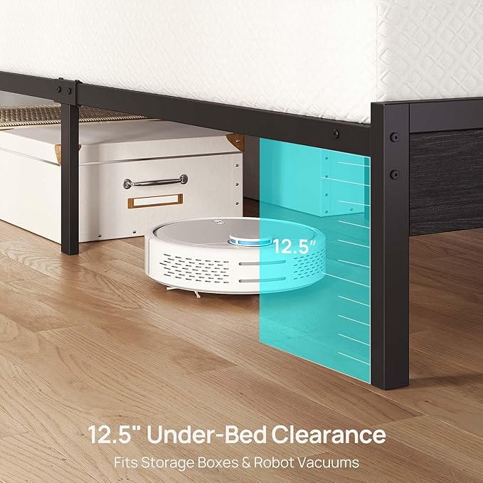 Rolanstar Queen Bed Frame with LED Lights and Charging Station, Wood Storage Headboard and Under Bed Storage, Metal Platform, Noise Free, No Box Spring Needed, Balck Oak