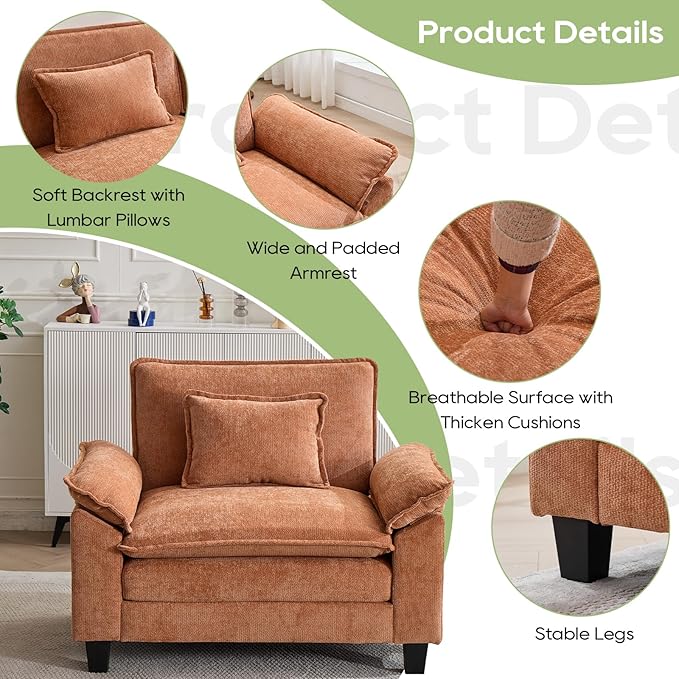 Modular Sectional Sofa, Comfy Cloud Couch Sectional Sofa, Chenille Sofa Sleeper Deep Seat Sofa with Throw Pillows for Living Room (Orange, 53"- Single Seat)