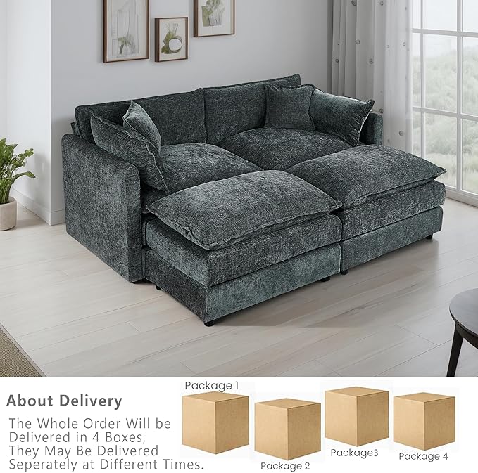 Setawix Deep Loveseat Couch with Ottomans,Large 2 Seater Lounger Cloud Couches for Living Room,77.16" Chenille Cloud Sofas with Deep Seat,Modular Sectional Sleeper Sofa for Bedroom(Grey, 2+2)
