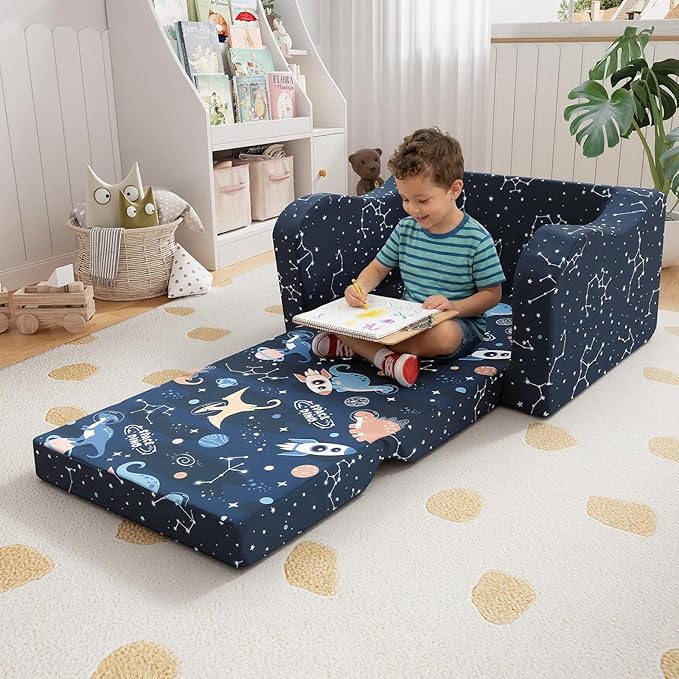 MeMoreCool Toddler Couch, 2-in-1 Kids Couch Fold Out to Lounger, Comfy Toddler Chair for 1-3 Year Old, Soft Foam Kids Sofa with Washable Cover and Side Pocket, Midnight Galaxy