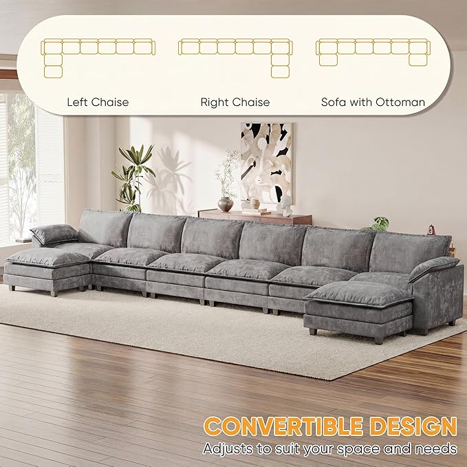 232.28'' Oversized U Shaped Couch, Modular Sectional Sofa with 2 Movable Ottoman, Chenille Cloud Couches with Double Layer Cushion, Thick Cushions Couches for Living Room (Light Grey, Oversized Sofa)