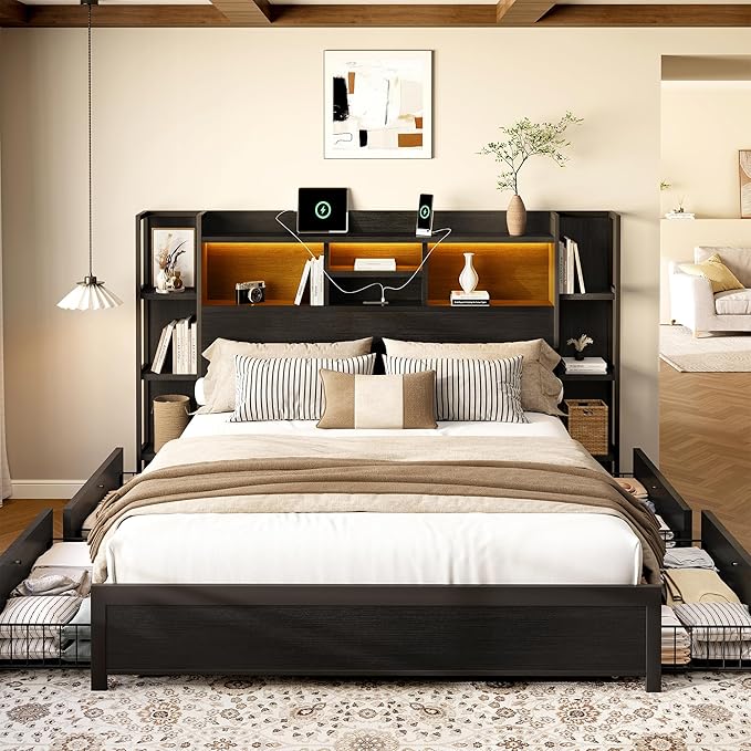BRELTAM Queen Size Bed Frame with 4 Storage Drawers and Headboard Featuring Shelf Storage, Wooden Platform Bed Frame with LED Lights and Charging Station, Easy Assembly/No Box Spring Needed/Black
