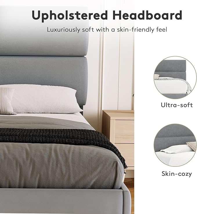 GRUSIGN Queen Size Platform Bed Frame with Velvet Headboard, Adjustable Height Wooden Slats Support, Upholstered Mattress Foundation, Fits Mattress or Mattress with Box Spring, Easy Assembly, Grey