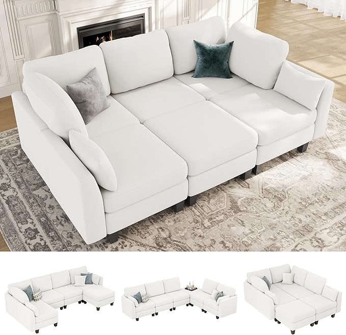 Sectional Sleeper Sofa, 6 Seaters Modular Sleeper Sofa Couch, Comfy Sectionals Couches Bed, Convertible Sofas with Ottomans, Modular Sectional Couches for Living Room, White