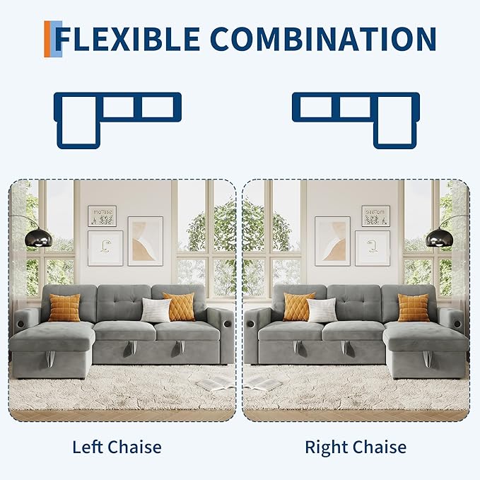 GarveeHome 84 Inch Sleeper Sofa Couch, L-Shaped Sofa, Convertible Pull Out Sofa Bed with Storage, Charging Station, Led Lights, Modern Sectional Sofa for Living Room, Apartment, Velvet, Light Grey
