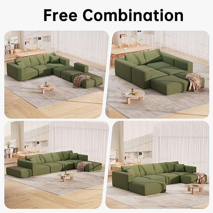 CUGOAO 152'' Modern Boneless Couch, Oversized 2-in-1 Modular Sectional Sofa Bed, Extra Deep Seat Upholstery Cloud Couch, Boneless Couches for Living Room, No Assembly Required, Green Corduroy