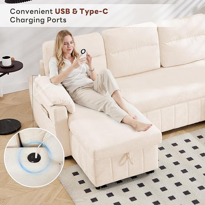 Tbfit 108'' Pull Out Sofa, Cloud Sleeper Sofa Bed with USB & 2 Storage Chaises, Comfy Oersized U Shaped Convertible Sectional Sleeper Couches for Living Room, Apartment, Office, Beige