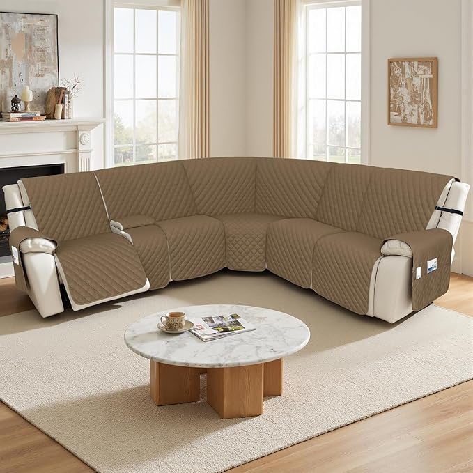 Arfntevss Recliner Sectional Couch Covers 1OO% Waterproof L Shape Sofa Cover for Reclining L Shaped Sectional Slipcover Dog Washable Corner Non Slip Protector (5 Seater with 1 Console, Tan)