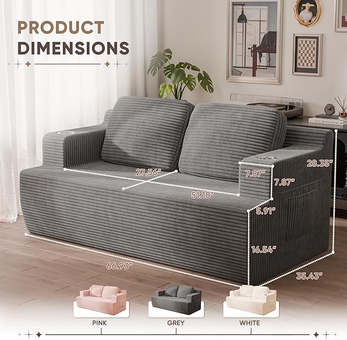 Homall 67” Boneless Sofa Couch with 2 Pillows Extra Deep Seats, Corduroy Fabric 3 Seater with Cup Holder & Storage Pocket Upholstered Floor Easy Installation (Grey, Loveseat)